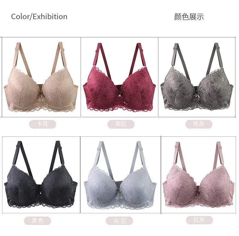 New Sexy Floral Lace Kint Underwire Push Up Bras Padded Bow Thin Mold CDE Cup Underwear For Women Plus Size Breathable Lingerie