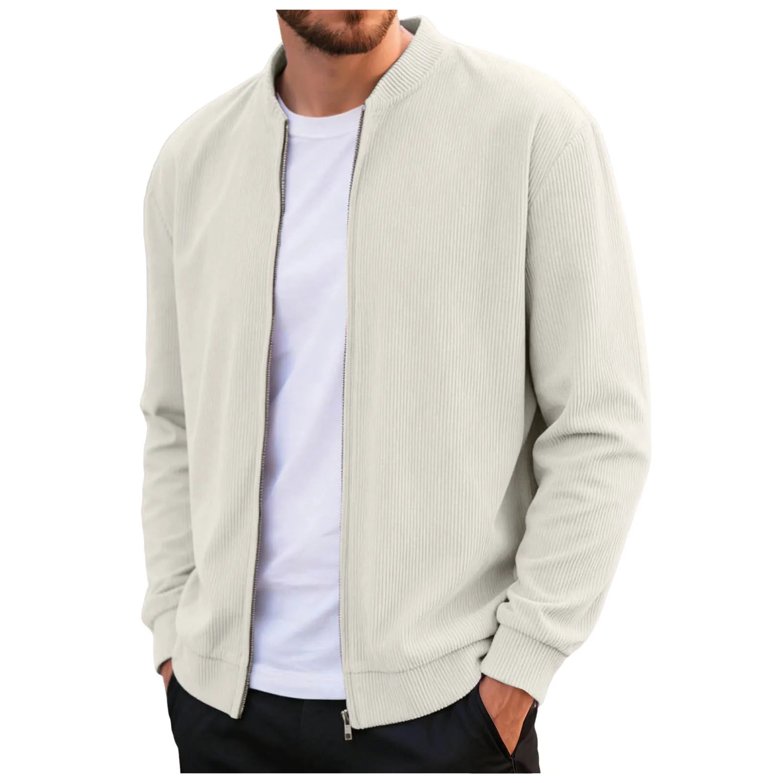 Corduroy Solid Color Men'S Casual Coat Round Neck Zipper Long Sleeve Outerwear Autumn/Winter Stylish Male Jacket Overcoat