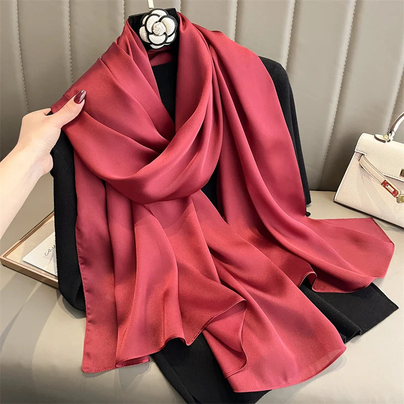 2024 Luxury Brand Silk Scarf for Women Large Shawl Wrap Headband Solid Design Hijab Beach Stoles Female Foulard Echarpe Bandana