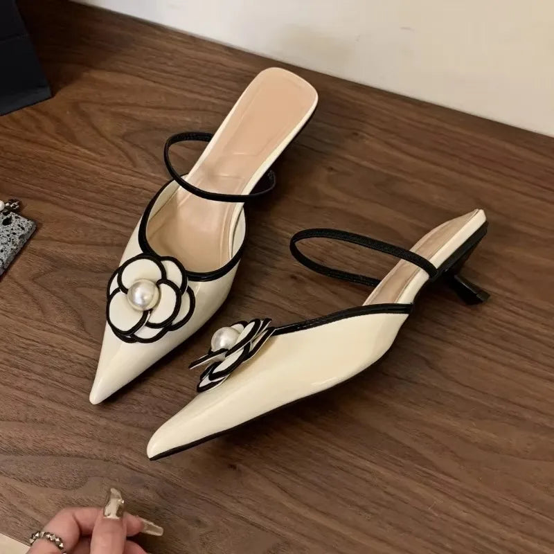 2026 Flower Pointed Toe High Heels Women Luxury Designer Sandals Female Summer Elegant Fashion Pumps Flower Mule Slippers Women