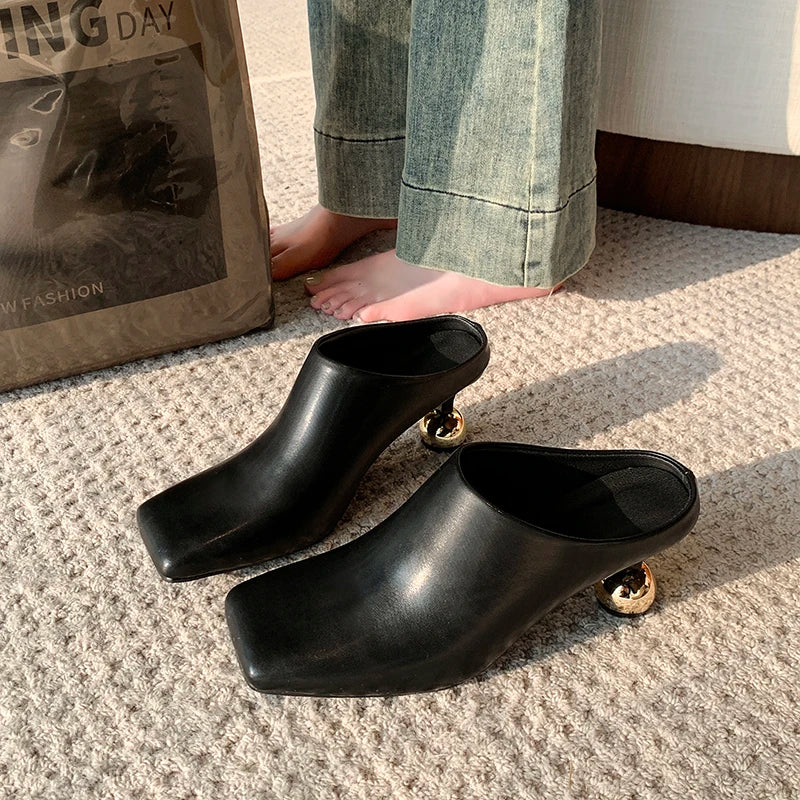 White Sheepskin Square Head Women's Slipper Baotou Textured Elegant Commuter Casual Simple Sense of Classic Wine Glass Heels New