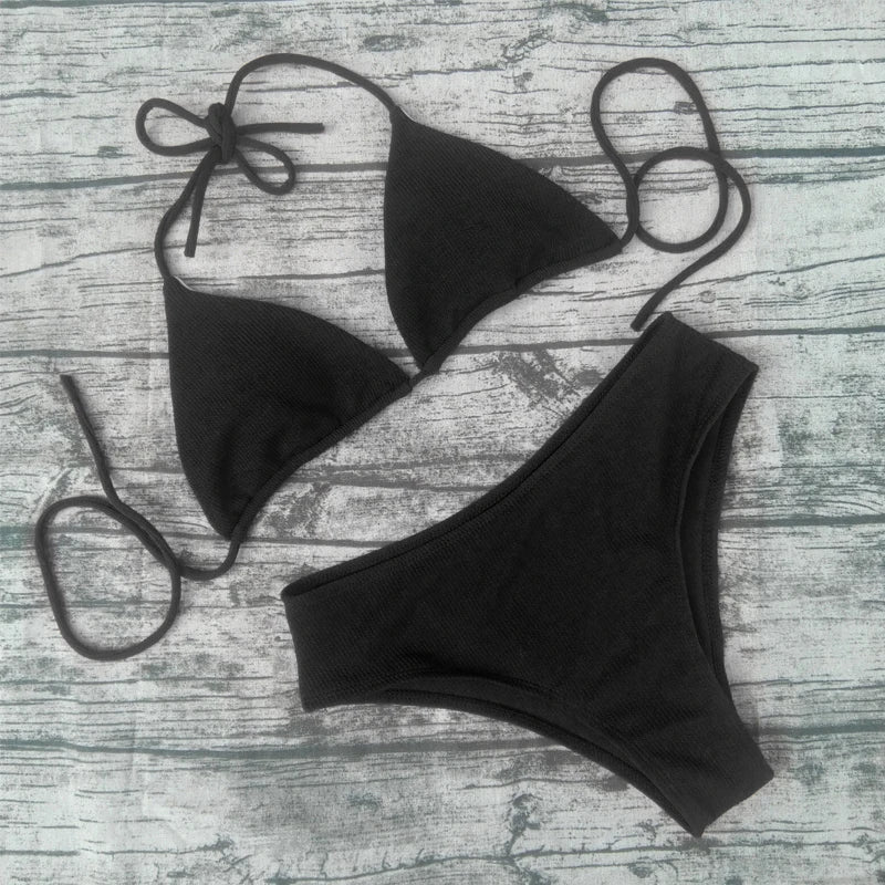 Bikini Sexy Solid Color Swimwear Women's Triangle Stripe Bikini Set Swimwear Beach Wear Women's