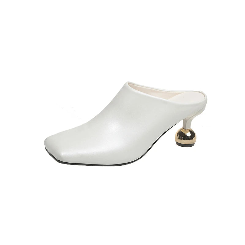 White Sheepskin Square Head Women's Slipper Baotou Textured Elegant Commuter Casual Simple Sense of Classic Wine Glass Heels New