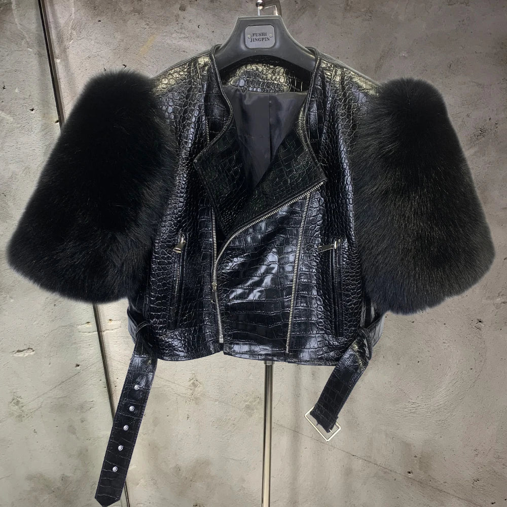 Leather Fur Jacket Natural Fur Sleeve Ladies Short Leather Jacket Real Fox Fur Sleeve Coat Women Autumn 21001-1