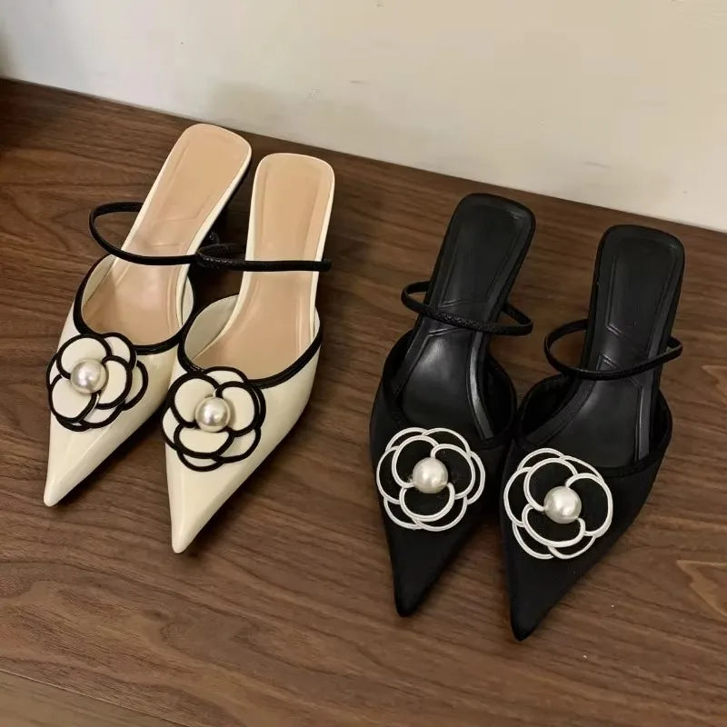 2026 Flower Pointed Toe High Heels Women Luxury Designer Sandals Female Summer Elegant Fashion Pumps Flower Mule Slippers Women