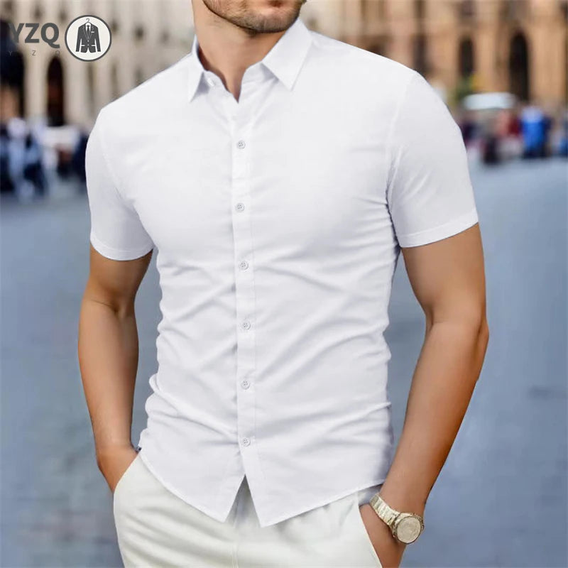 2025 New Men's Business Casual Solid Color Short Sleeved Shirt for Summer Fashion No Ironing Comfortable and Versatile Top