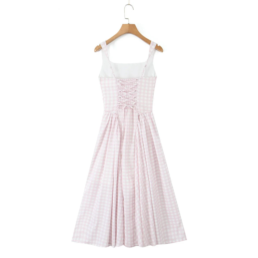 YENKYE Lace Up Bandage Plaid Sling Dress Women Elegant Square Neck Low Waist A-line Midi Summer Dresses Holiday Party Robe 2025