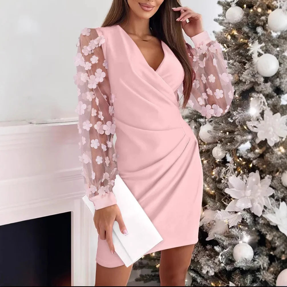 Women's Spring Autumn V-neck Lace Long Sleeve Bodycon Dress