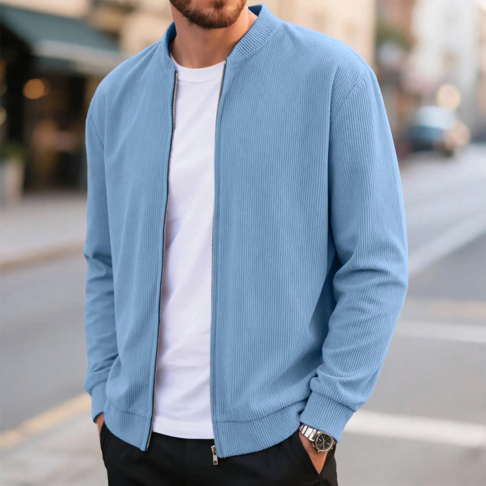 Corduroy Solid Color Men'S Casual Coat Round Neck Zipper Long Sleeve Outerwear Autumn/Winter Stylish Male Jacket Overcoat