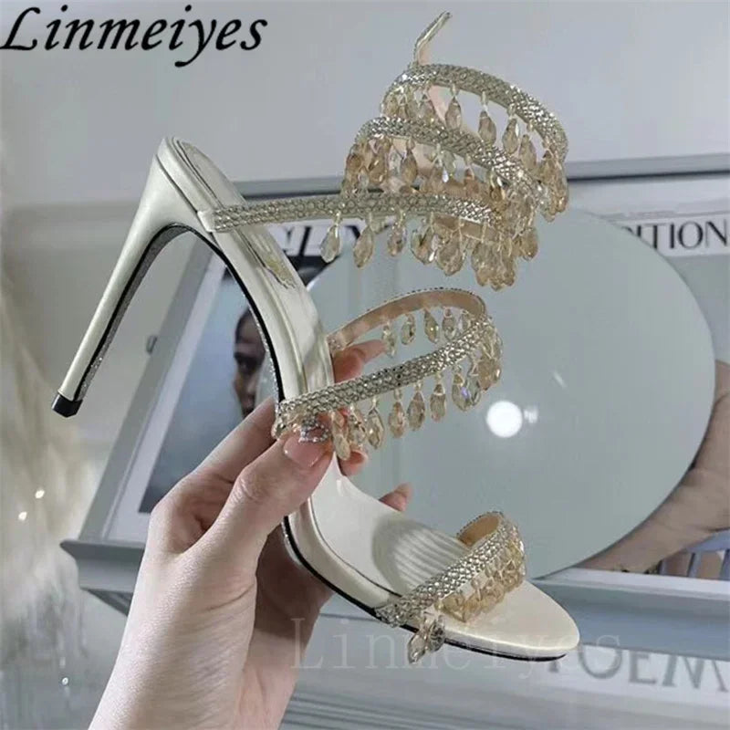 Summer High Heels Sandals Women Rhinestone String Bead Ankle Snake Twine Around Wedding Shoes Lady Gladiator Sandals Woman