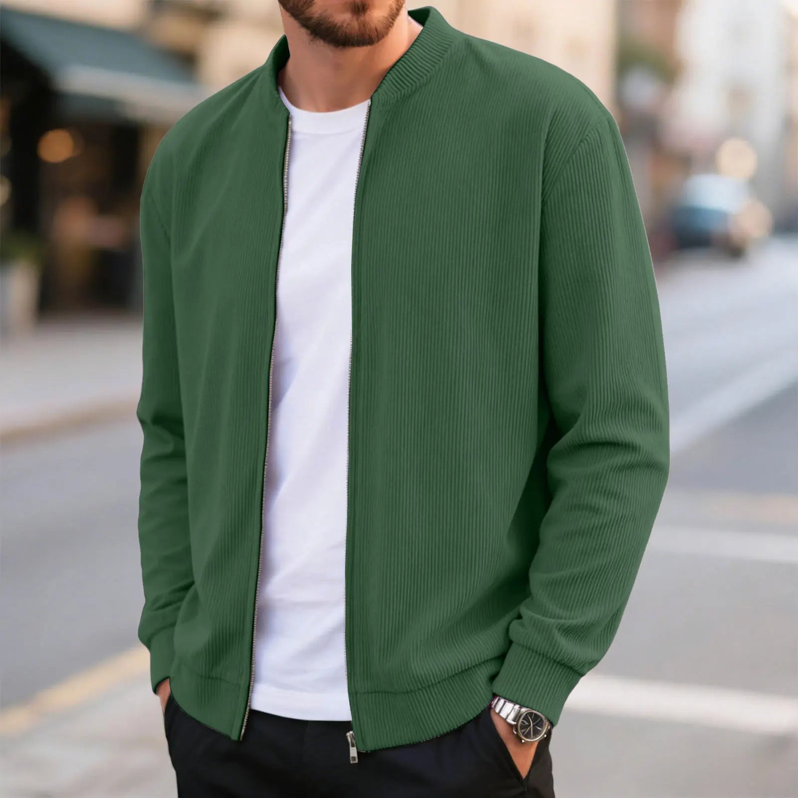 Corduroy Solid Color Men'S Casual Coat Round Neck Zipper Long Sleeve Outerwear Autumn/Winter Stylish Male Jacket Overcoat