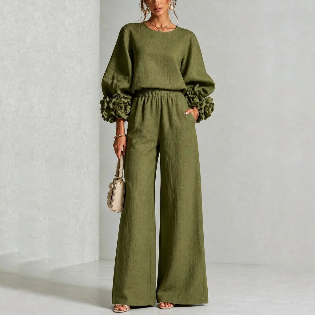 Women 2 Piece Outfit O Neck Puff Long Sleeve Top 3D Floral + Elastic Waist Wide Leg Pants Set Autumn Elegant Casual Office Suit