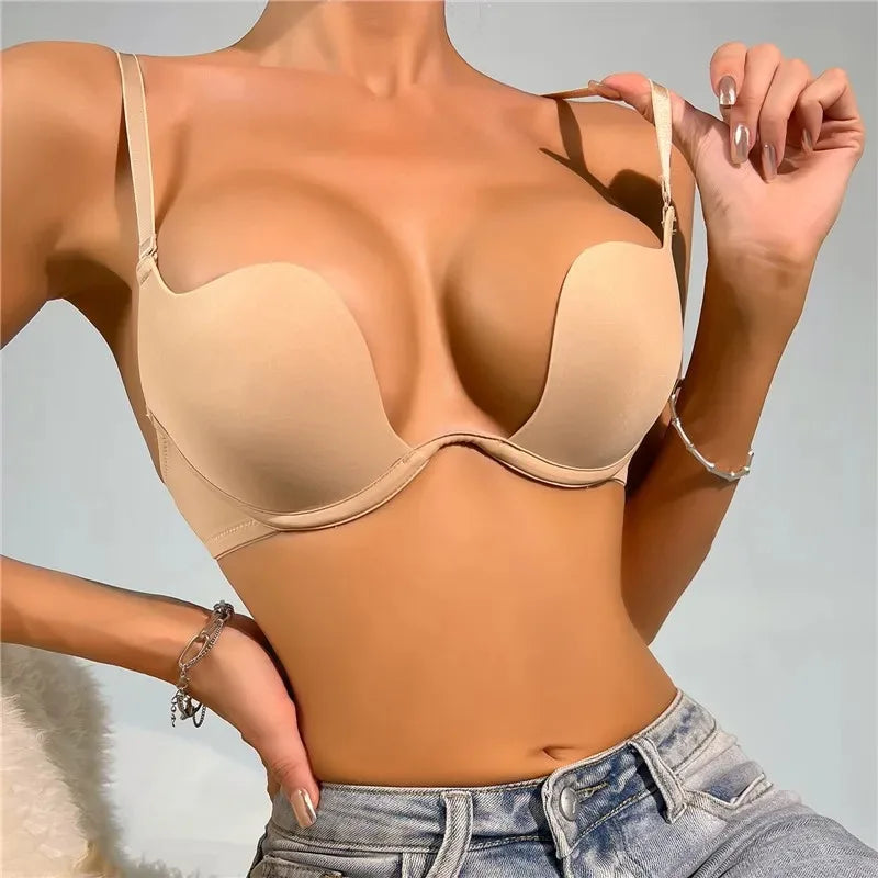 Sexy Women Lingerie Backless Bras Underwear Deep V Low Cut Push Up Bra Intimates Female Sport Yoga Bralette Low Back Invisible