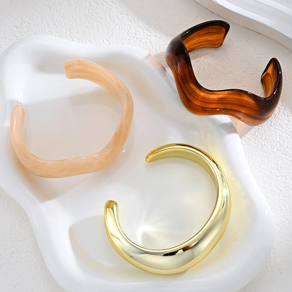 3 Pcs Irregular Wavy Resin Metal Bangle Set For Women Open Cuff Bracelets Bohemian Beach Vacation Stackable Trendy Jewelry Gifts