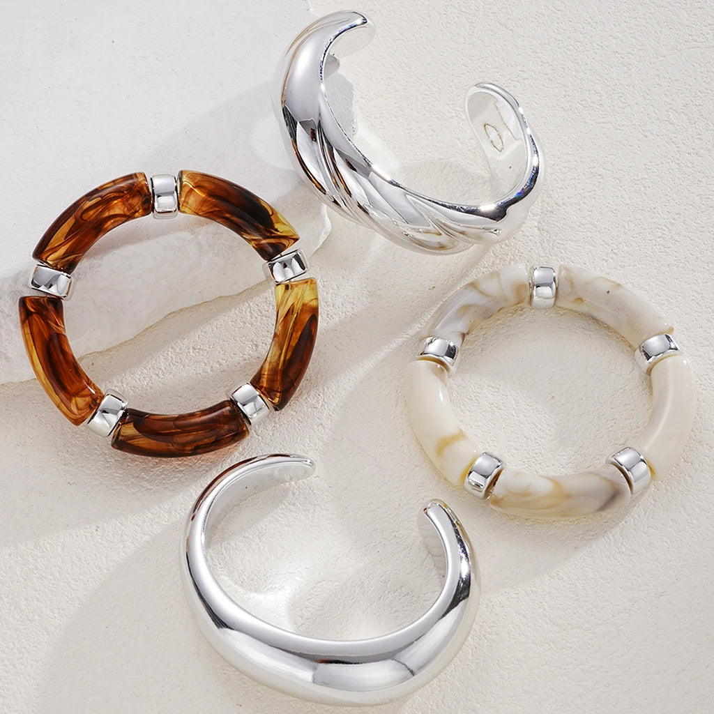 4 Pcs Exaggeration Irregular Geometric Wide Metal Bangles Women Acrylic Punk Chunky Cuff Elasticity Bracelets Minimalist Jewelry