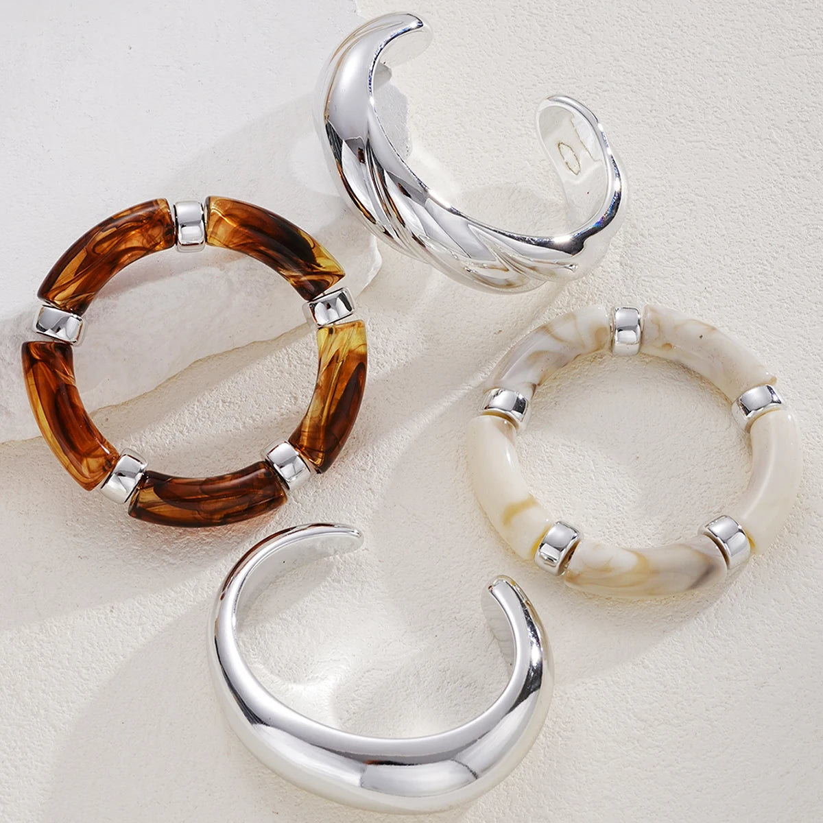 4 Pcs Exaggeration Irregular Geometric Wide Metal Bangles Women Acrylic Punk Chunky Cuff Elasticity Bracelets Minimalist Jewelry