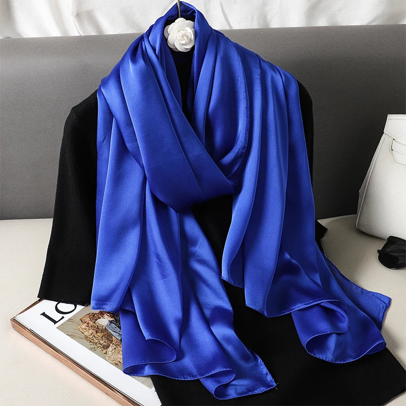 2024 Luxury Brand Silk Scarf for Women Large Shawl Wrap Headband Solid Design Hijab Beach Stoles Female Foulard Echarpe Bandana