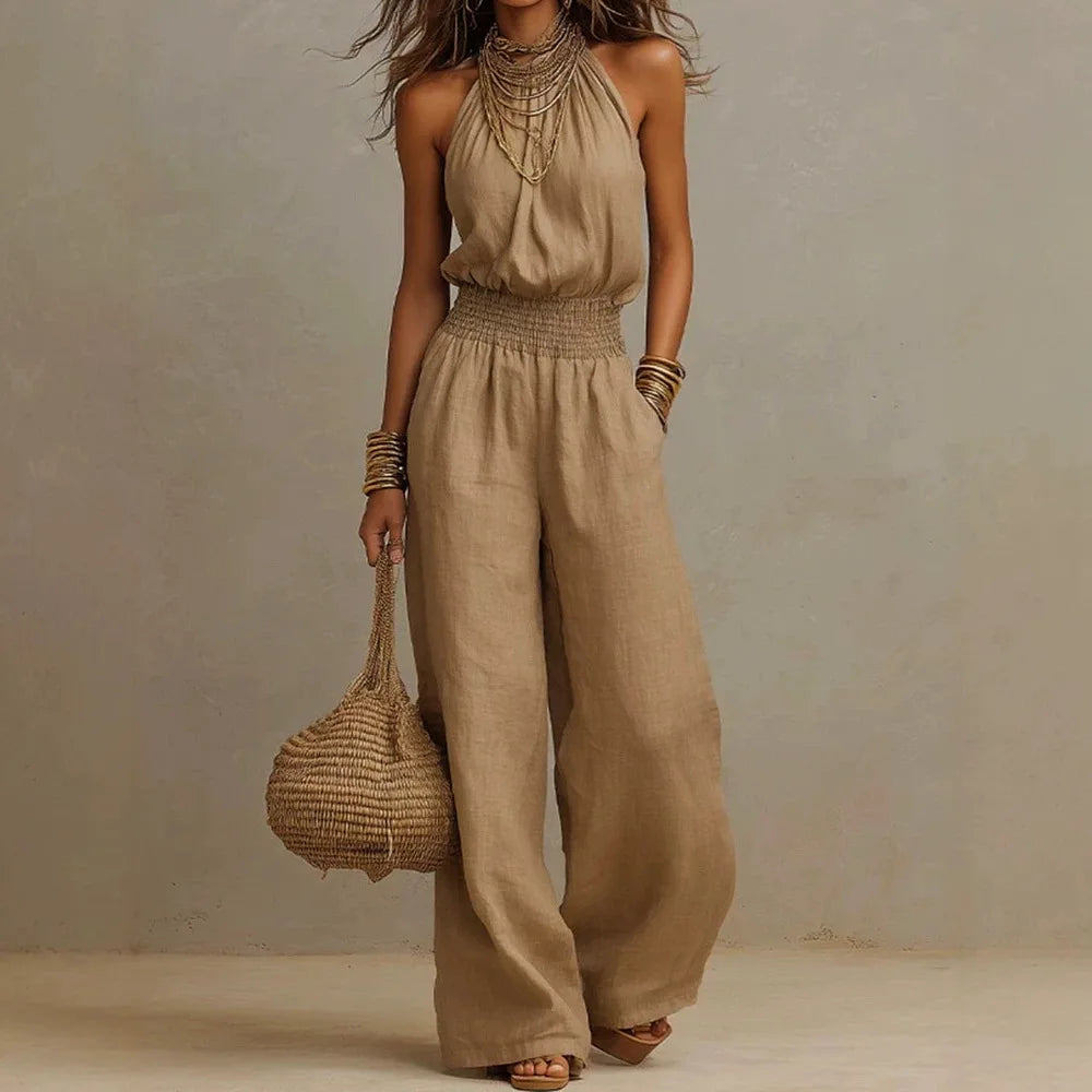 New Sleeveless Linen Backless Jumpsuit Women's Cross-Border Street Style Wide Leg Pants Long Trousers No Neck Label