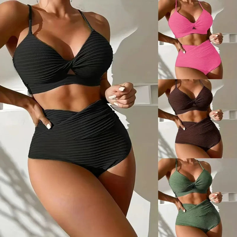 High-Waist Sexy Striped Bikini Swimsuit Women's Two-Piece Swimwear Thickened Polyester Fabric with Chest Pad No Steel Support