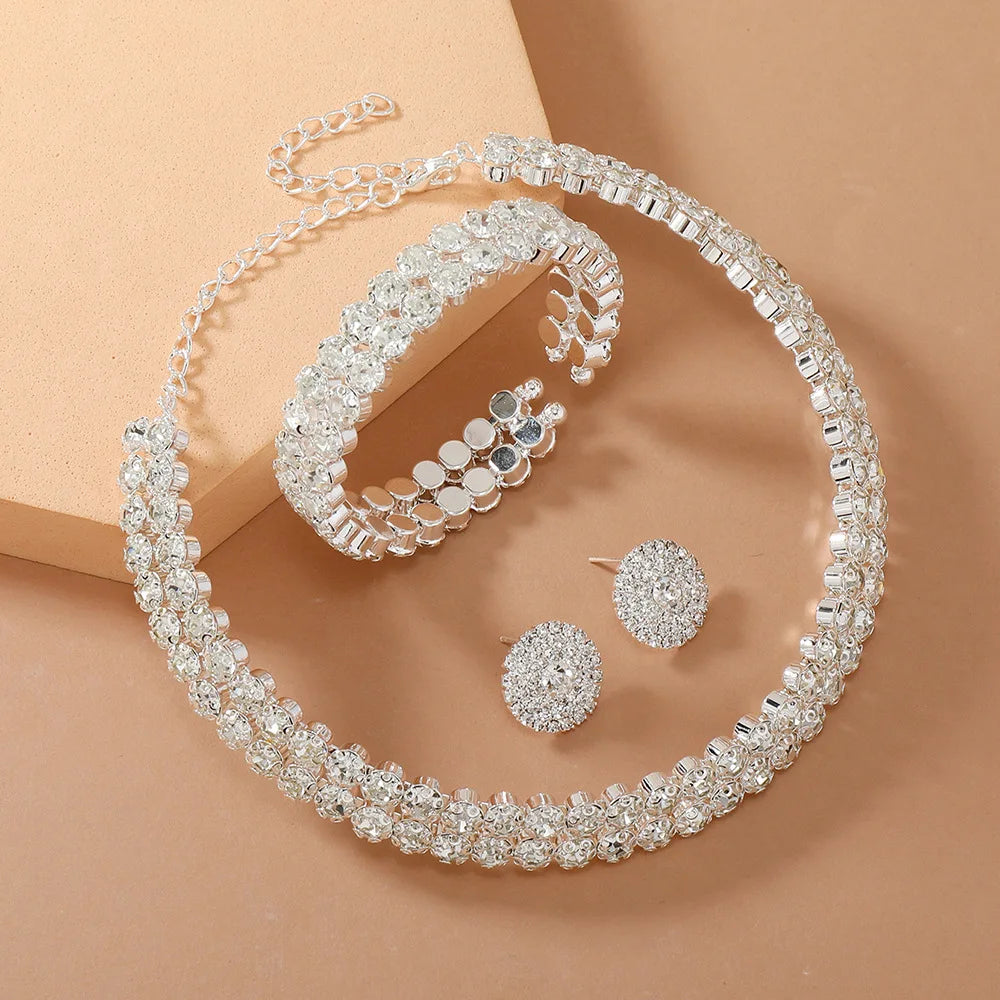 Light Luxury Double Layer Choker Necklace for Women Full Rhinestone Cuff Bracelet Stud Earring Braidal Wedding Party Jewelry Set