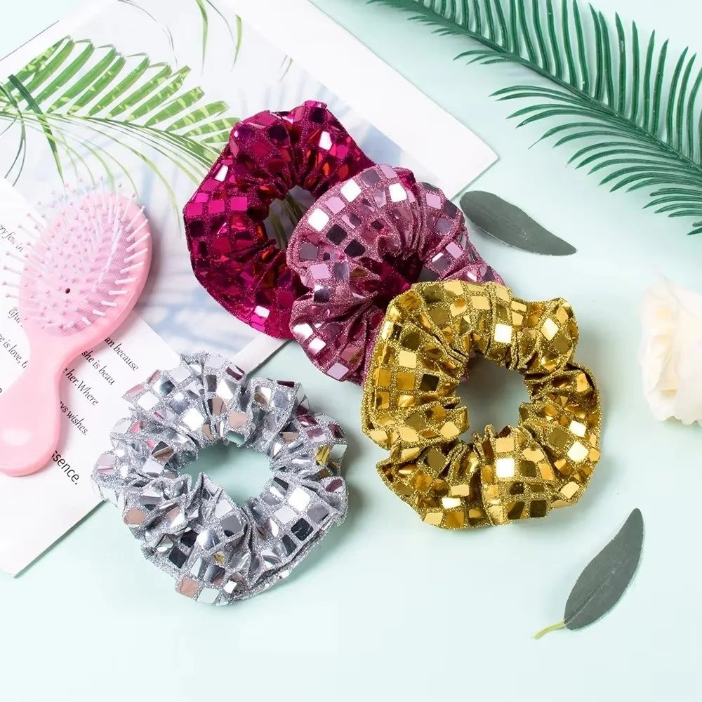 6pcs Square Sequin Sequin Hair Rope Retro Disco Pleated Design Rubber Bands Set Ponytail Holder Super Shiny