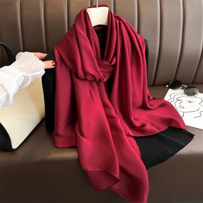 Plain Solid Basic Design 100% Silk Feeling Scarf for Women 180x90cm Shawl Wrap Luxury Female Hijab Headband Foulard Beach Stoles