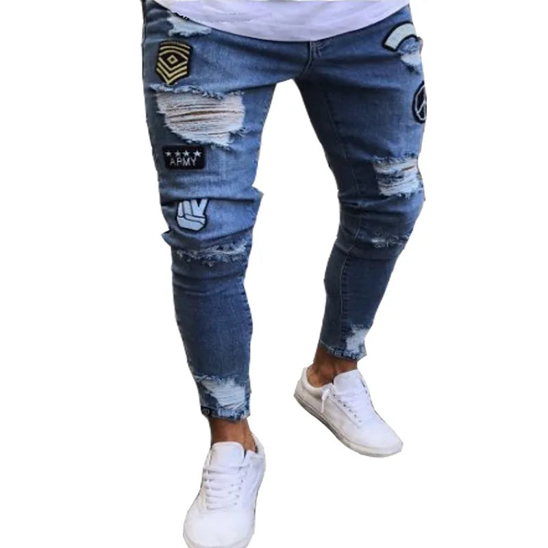 Men Jeans Knee Hole Ripped Stretch Skinny Denim Pants Solid Color Black Blue Autumn Summer Hip-Hop Style Slim Fit Trousers S-4XL