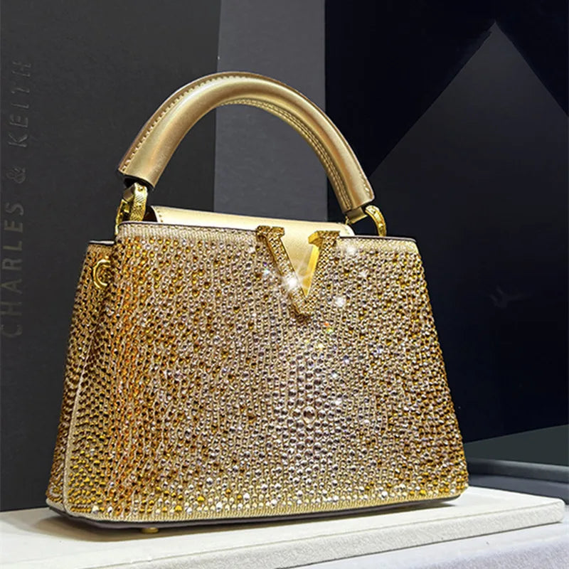 High Luxury Genuine Leather Diamonds Tote Women's Handbags 2025 Small Evening Bag V Letter Rhinestone Shoulder Crossbody Bags