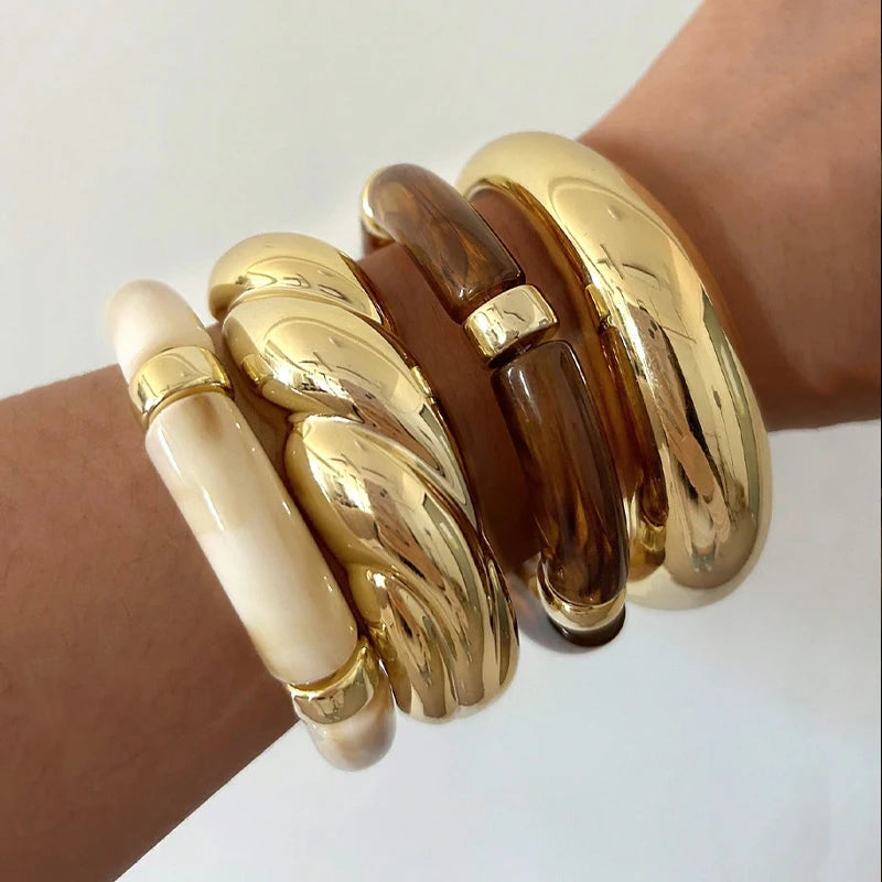 4 Pcs Exaggeration Irregular Geometric Wide Metal Bangles Women Acrylic Punk Chunky Cuff Elasticity Bracelets Minimalist Jewelry