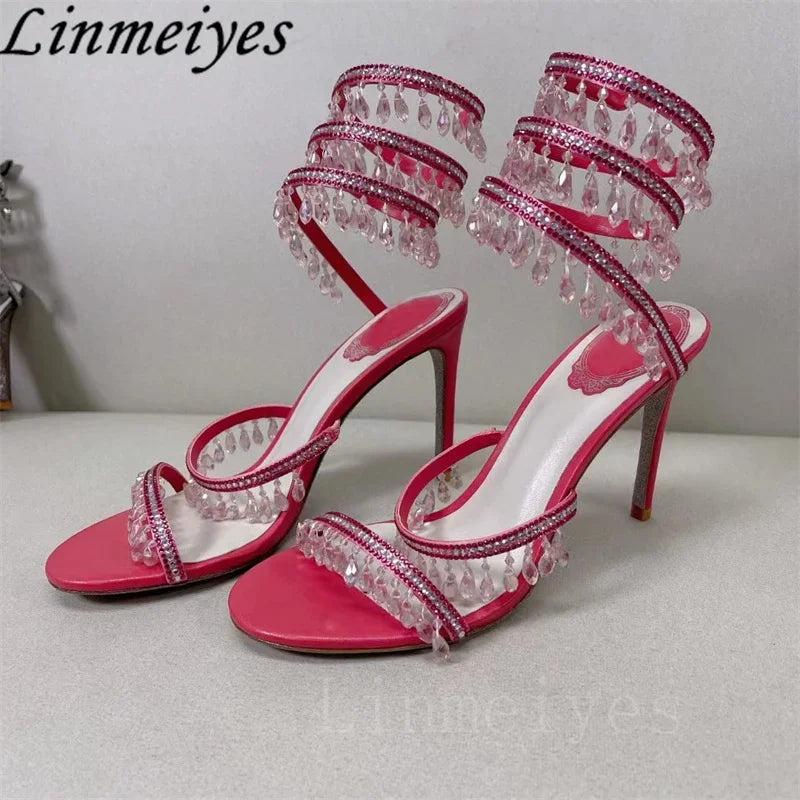 Summer High Heels Sandals Women Rhinestone String Bead Ankle Snake Twine Around Wedding Shoes Lady Gladiator Sandals Woman