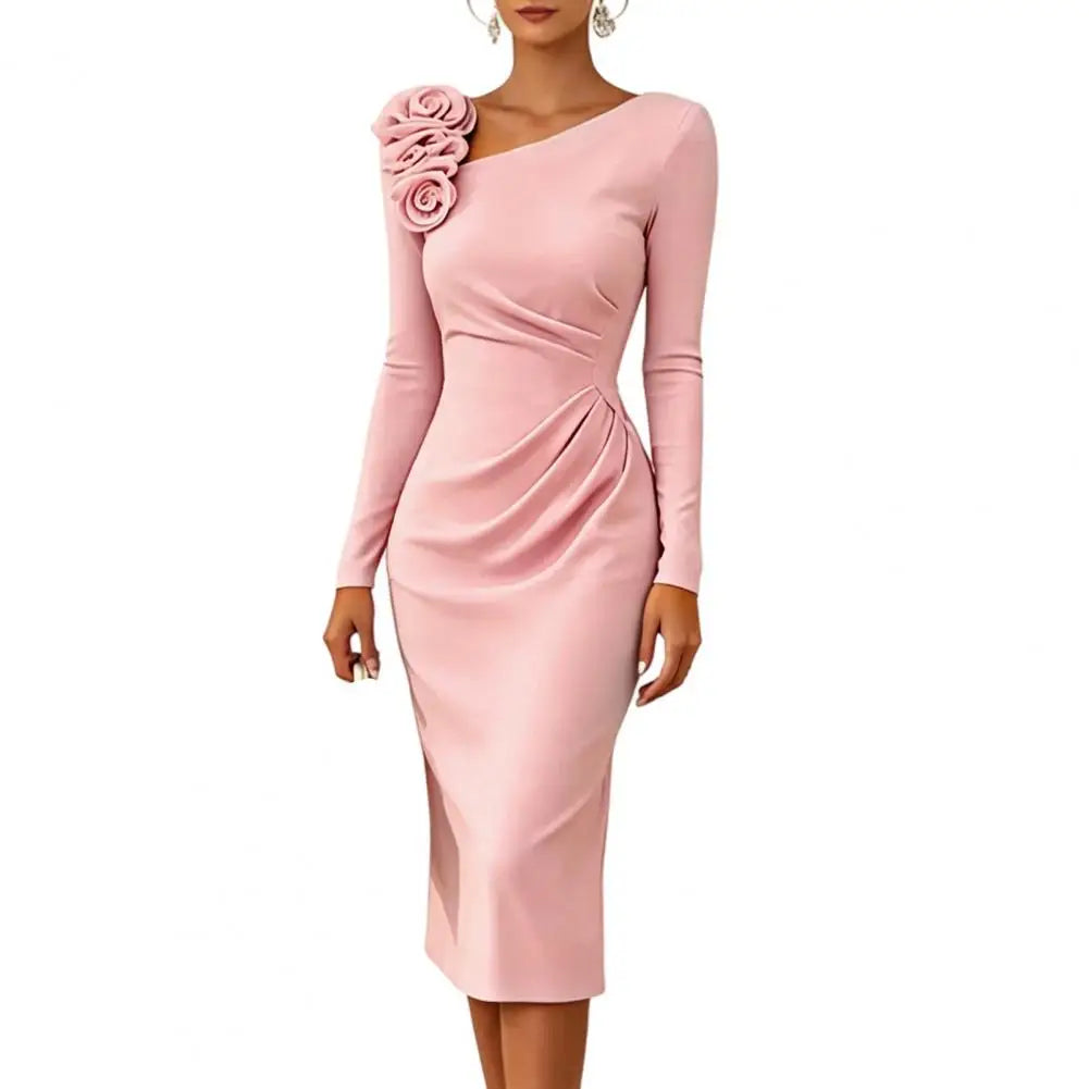 Retro Style Dress Women's Cocktail Party Bodycon Midi Dress Long Sleeve 3d Flower Ruched Gown Formal Wedding Guest Evening Wear