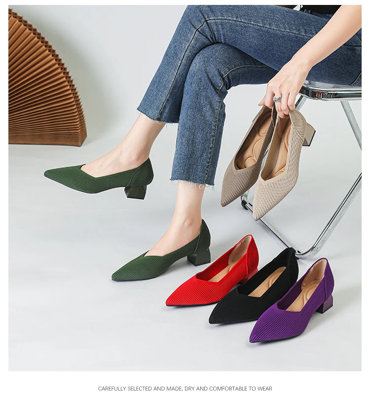 2026 New Women's High Heels Large 42/43 Fashion Pointed Anti slip Rubber Bottom Knitted Breathable Shoes