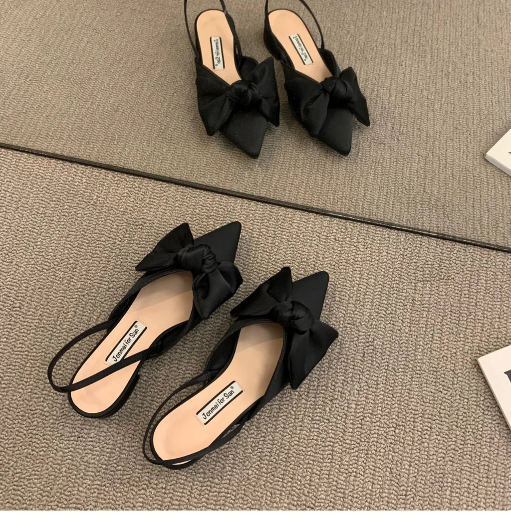 Bow Sandals Women 2026 Summer Pointed Low Heel Sandals Women Fashion Baotou Thin Strap Sandals High Heels Sandalias De Mujer