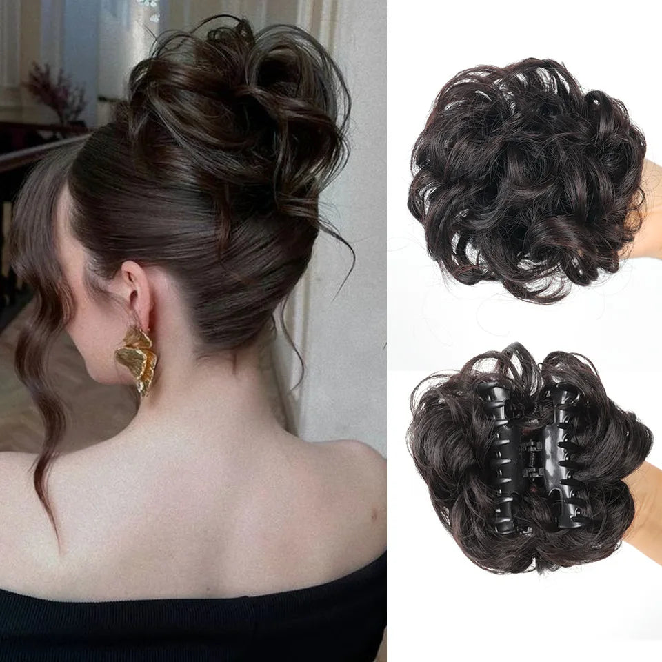 Synthetic messy hair clip bun short curly hair clip in a woman's ponytail hair extension bun wig