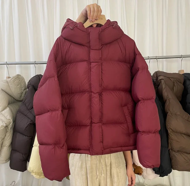 Down jacket women's 2025 winter new short hooded new national standard white duck down bread jacket, puff light luxury jacket
