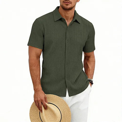 European and American Men's Casual Jacquard Shirt Men's Summer Solid Color Lapel Breathable Men's Short-Sleeved Shirt Top