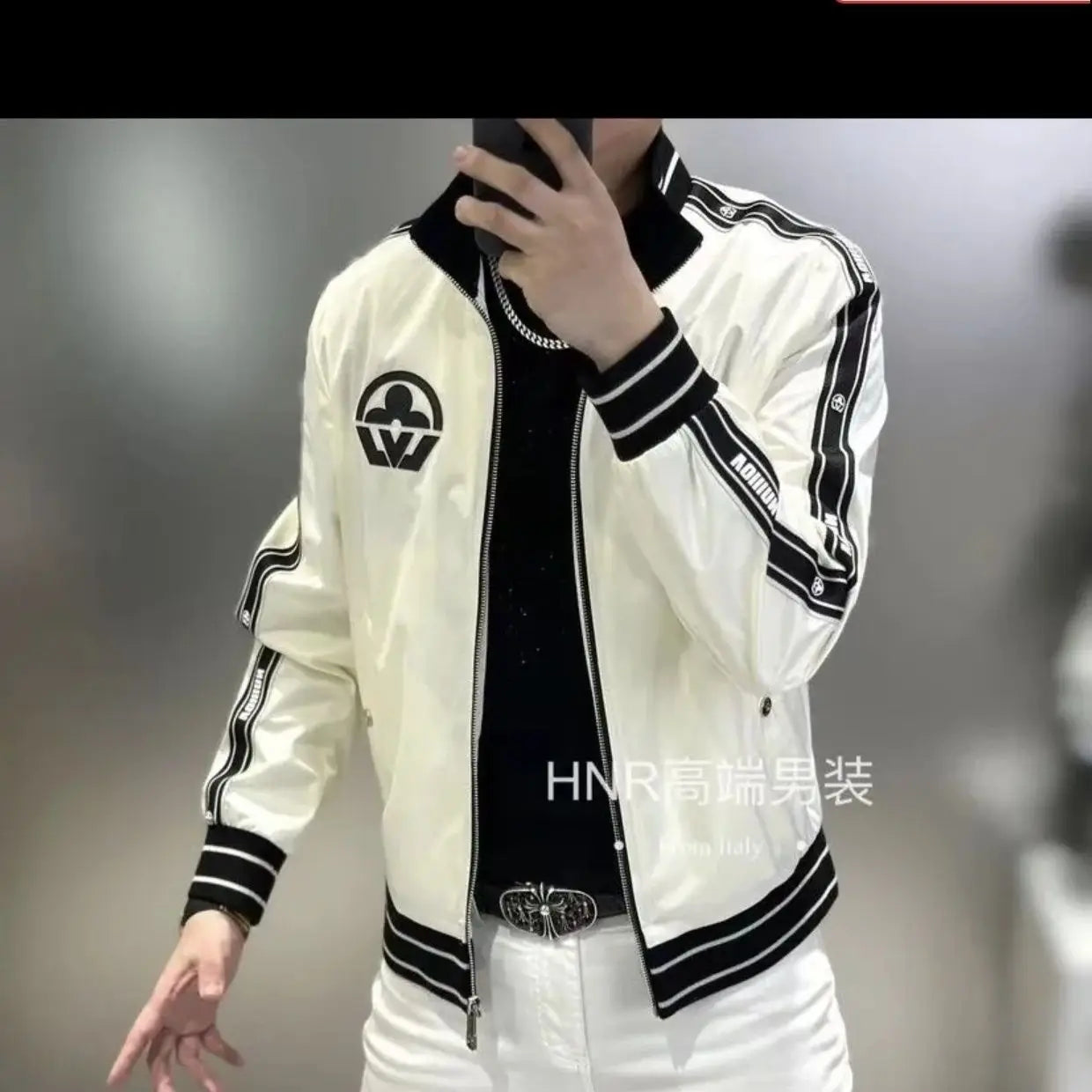 New men's stand-up neck webbing splicing letter printing pattern high quality trend casual versatile jacket