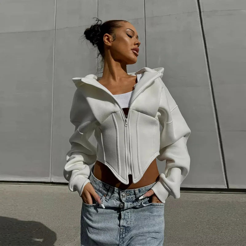 Street Women's Solid Hooded Sweatshirt Jacket Slim Long Sleeved Zipper Waist Cinching Cropped Jackets 2026 Autumn Lady Suits New