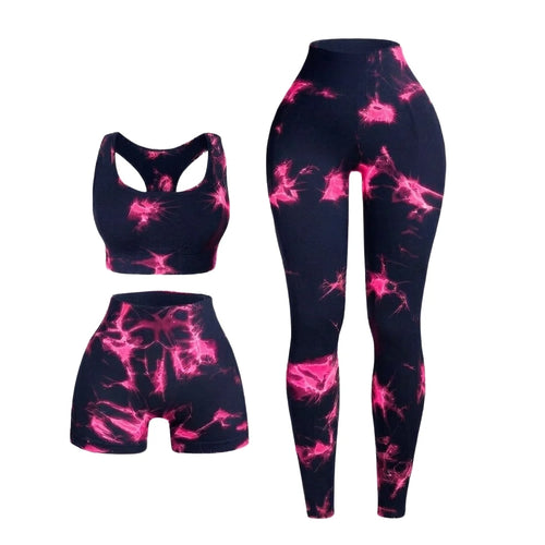 Body Contouring 3 Piece Seamless Yoga Set V-Shape High Waist Leggings Tiger Stripe Sports Bra and Shorts Fitness Wear
