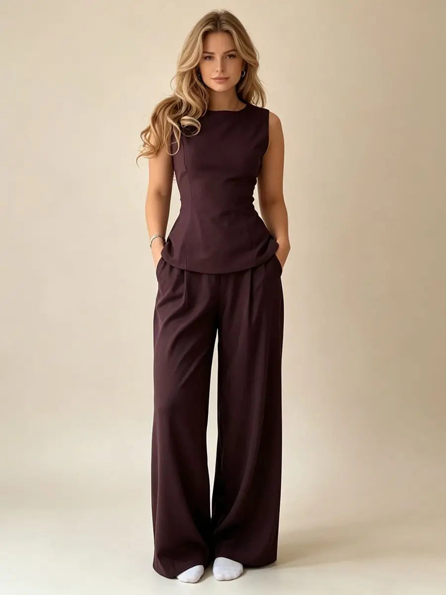 2026 Women Elegant Back Tie Sleeveless Peplum Top + Wide Leg Pants 2 Piece Casual Set