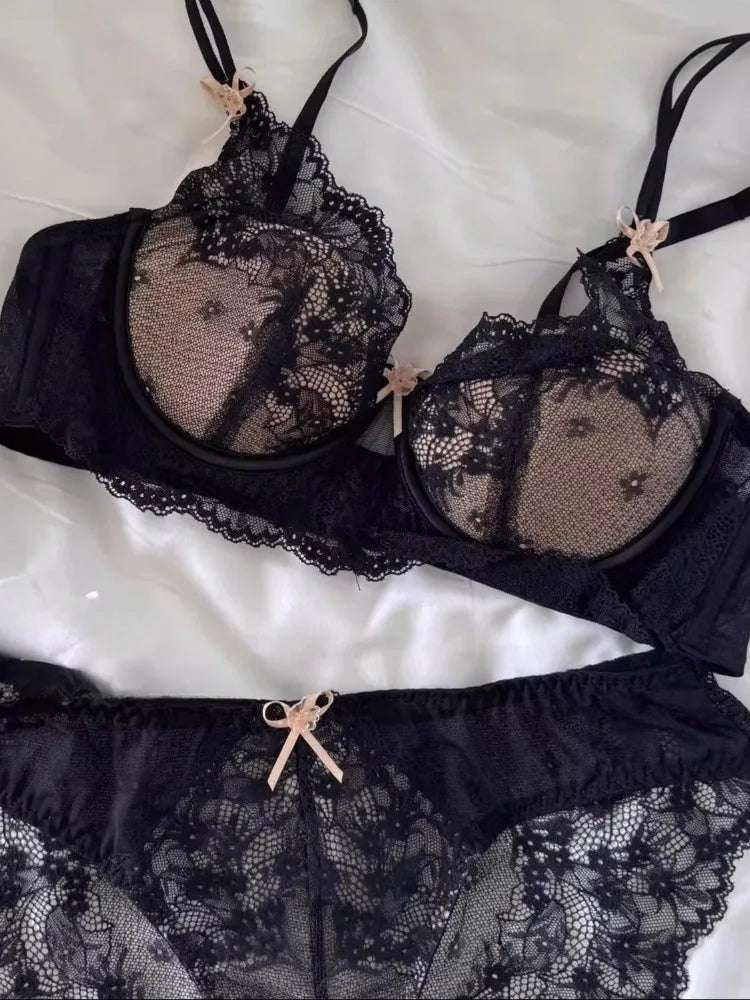 YUQI Sensual Lace Bra Women's Summer | French Pure Lingerie Thin Bra, Breathable Comfort Light Support | Sexy Underwear Top Set