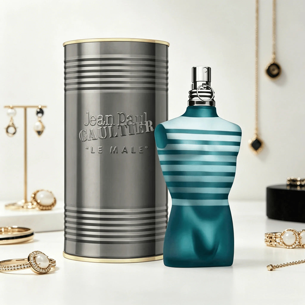 Jean Paul Gaultier Le Male Eau De Toilette 125ML With Original Silver Cylindrical Gift Box Long Lasting Fresh Mint Lavender Vanilla Woody Fragrance Men Perfume Matte Teal Striped Torso Bottle Silver Ring Cap Masculine Daily S