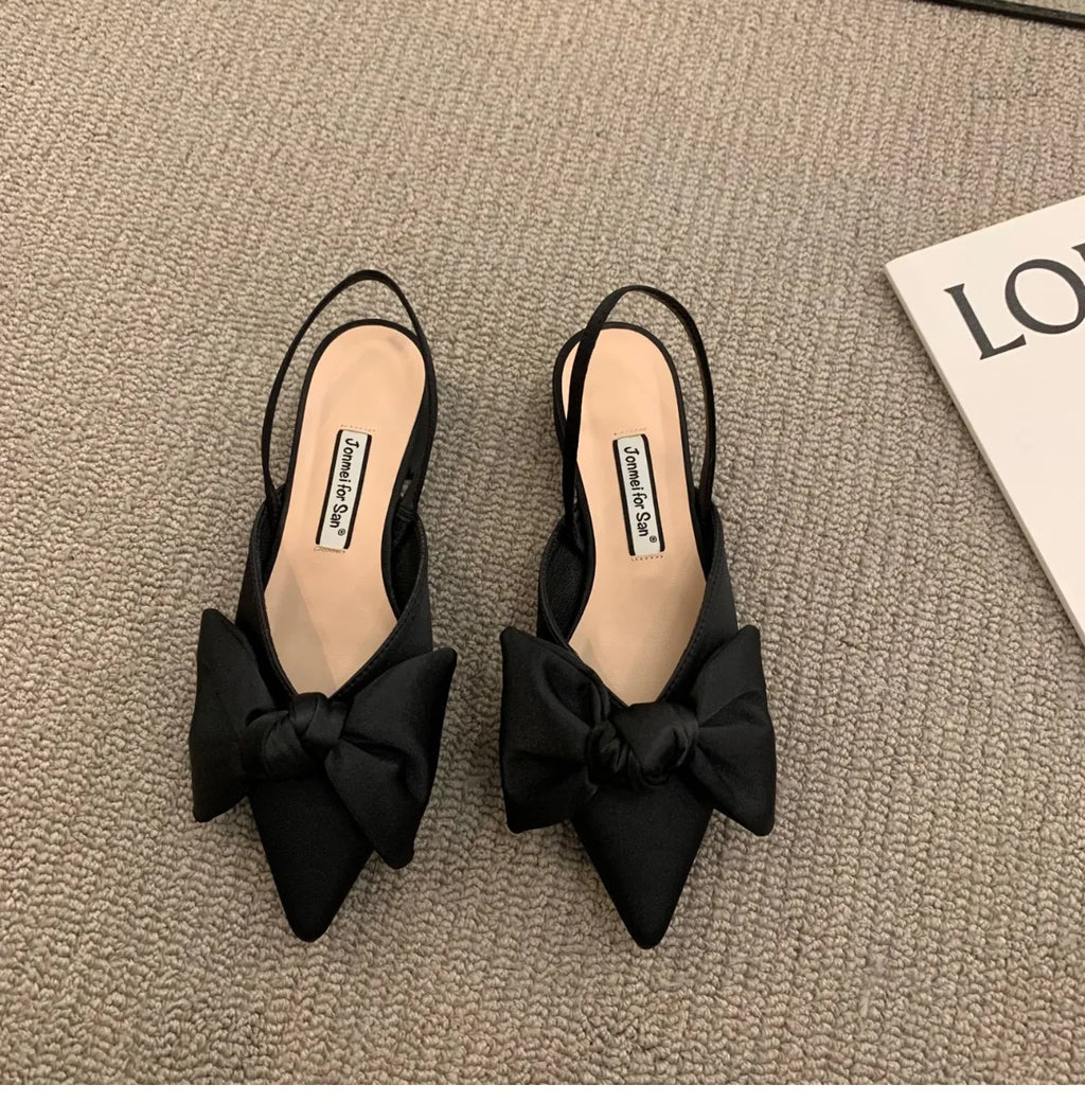 Bow Sandals Women 2026 Summer Pointed Low Heel Sandals Women Fashion Baotou Thin Strap Sandals High Heels Sandalias De Mujer