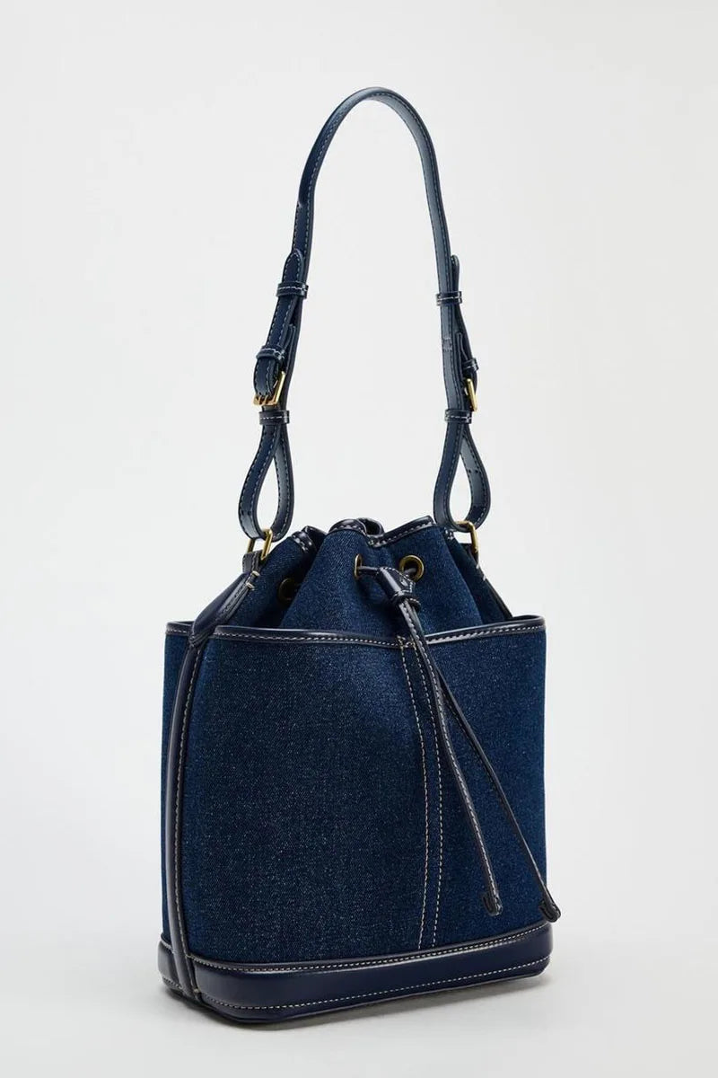 Vintage Denim Bucket Bag Designer Canvas Women Shoulder Bags Drawsting Panelled Crossbody Bag Small Tote Shopper Purses