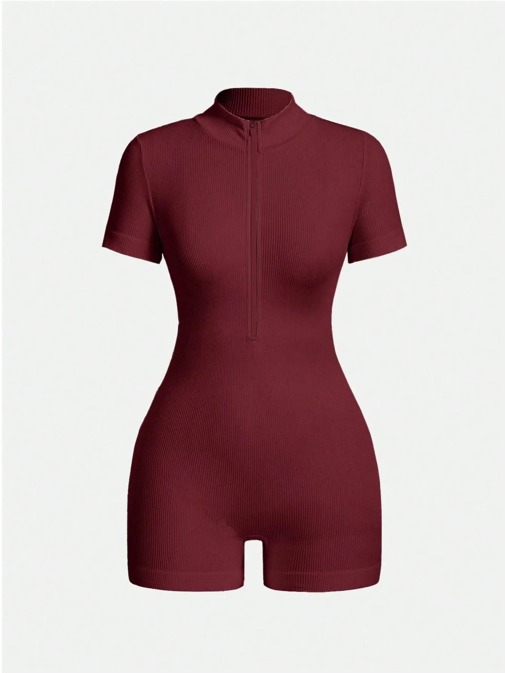 Women's Solid Color Half Zip Ribbed Knit Short Sleeve Romper Sports Soft Slim Fit Mock Neck Jumpsuit Streetwear 2025 Summer