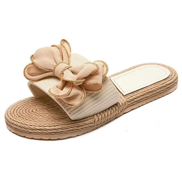 Female Summer Slippers Artificial Straw Sole Shoes Lady Summer Indoor Flat with Flip Flops Stitching Floral Women Slippers