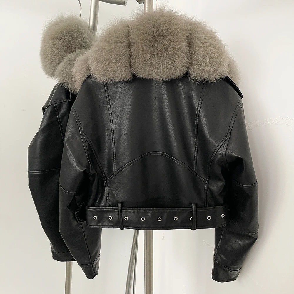 Elegant Faux Leather Jacket Female New Natural Fox Fur Autumn Short Top Clothing PU Women Long Sleeve Fake Leather Real Fur Coat