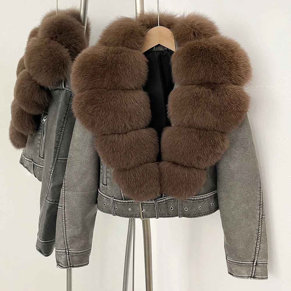 Faux PU Leather Jacket Natural Fox Fur Female New Autumn Short Top Clothing Women Long Sleeve Fake Leather Coat Real Fur Coat