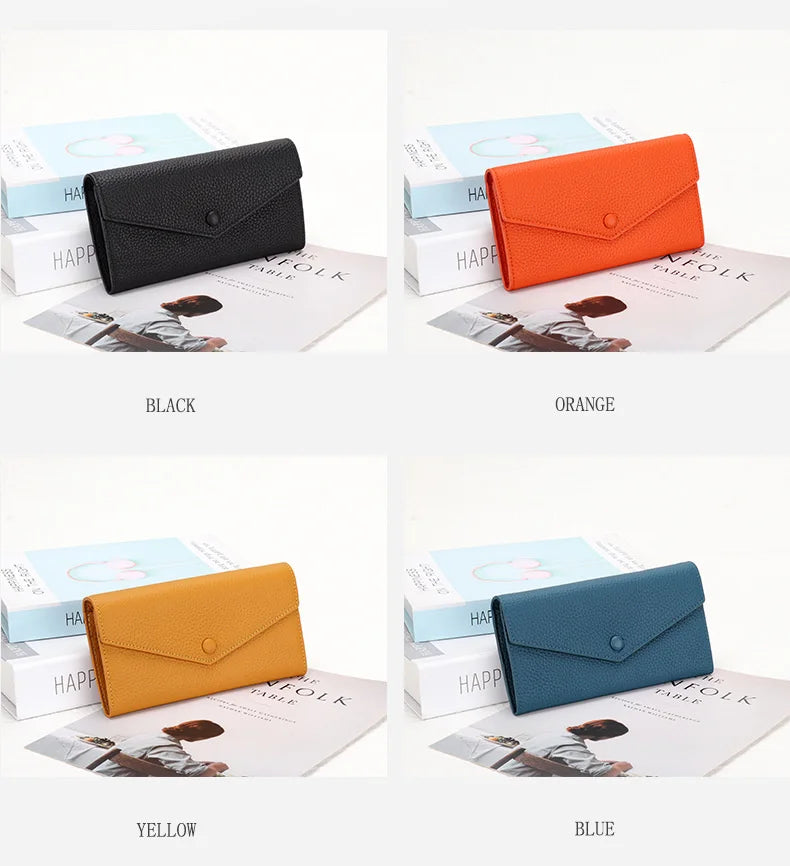 Ladies Genuine Leather Long Wallet Women's Large Capacity Clutch Wallet Envelope Multifunctional Mobile Phone Wallet Purse