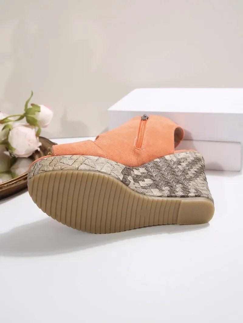 2025 Summer Suede Leather Women's Thicken High Heels Hollow Out Sandals Sexy Elegant Platform Wedges Open Toe Ladies Shoes